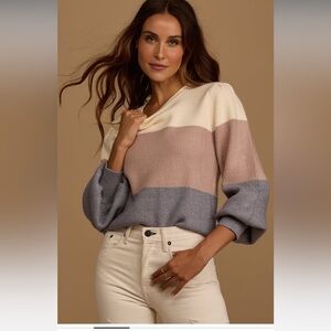 Open Book Cream Color Block Balloon Sleeve Sweater